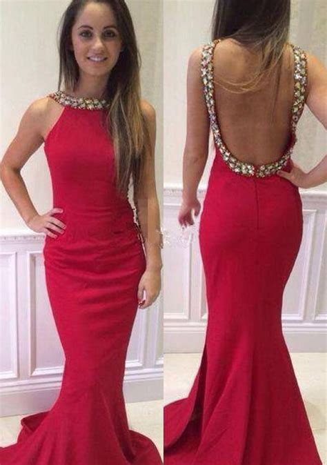 Halter Neck Crystals Red Backless Prom Dresses Mermaid Court Train