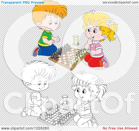 Clipart Of An Outlined And Colored Happy Boy And Girl Playing Chess