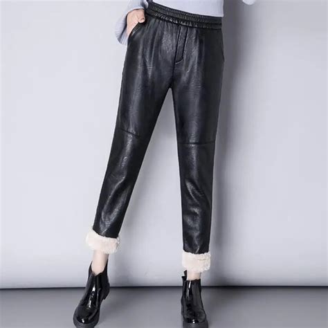 new women pu leather pants warm thicken elastic waist large size autumn and winter female in