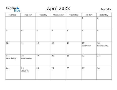 April 2022 Calendar Australia