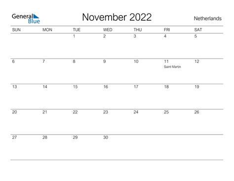 November 2022 Calendar Netherlands