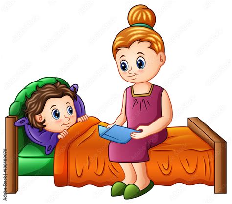 cartoon mother reading bedtime story to her son before sleeping stock vector adobe stock