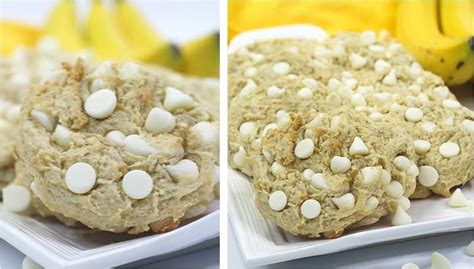 Two Pictures Of Cookies With White Chocolate Chips On Them And Bananas
