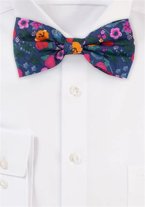 Floral Bow Ties Navy Bow Tie With Flower Design Cotton Pre Tied