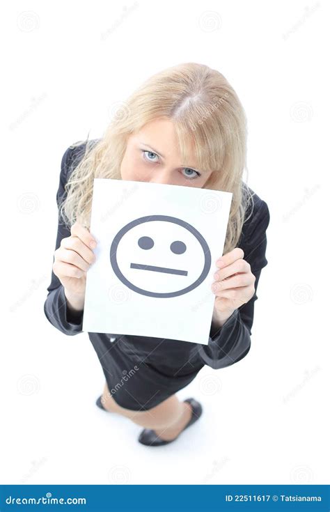 Young Business Woman Hiding Behind A Smiley Face Royalty Free Stock