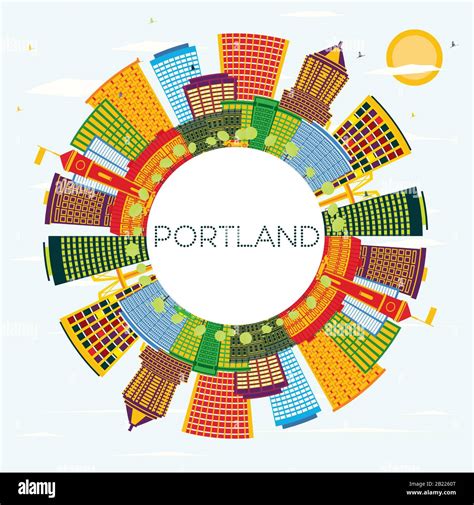Portland Oregon City Skyline With Color Buildings Blue Sky And Copy