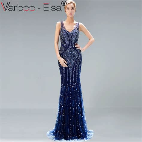 varboo elsa navy blue crystal beading feathers tassel mermaid formal elegant sleeveless evening