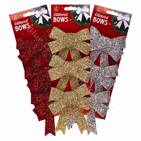 Pack Of 3 12cm Glittered Christmas Bows Festive Tree Decorations