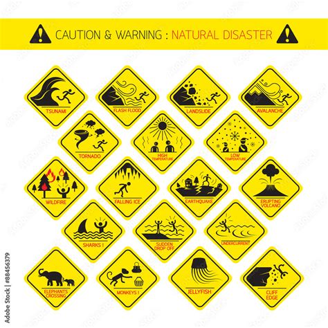 Natural Disaster Warning Signs Caution Danger Hazard Symbol Set