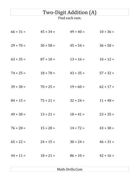 Horizontal Addition Of Two Digit Numbers Worksheets