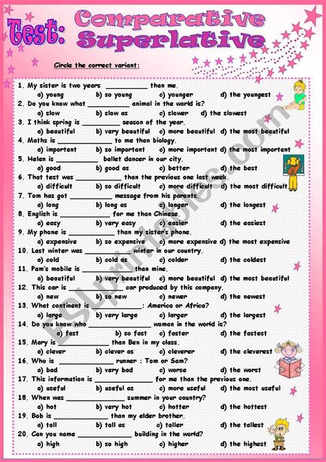 A worksheet to practise comparative and superlative sentences. Test: Comparative - Superlative - ESL worksheet by Tmk939 ...