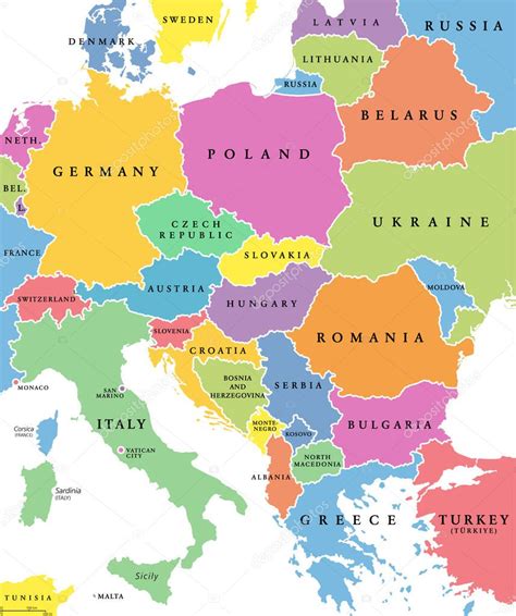 Orta Avrupa Renkli Ülkeler Siyasi Harita Ulusal Sınırları Ngilizce