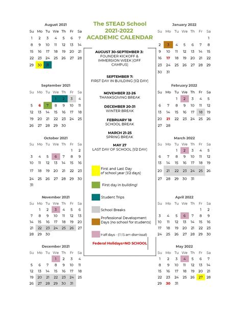 2021 2022 Academic Calendar The Stead School