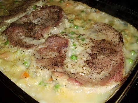 I did use boneless chops and two cans of mushroom soup to one can of milk and used frozen o'brien hash browns to save time which worked better than i thought it would. baked pork chops with mushroom soup and rice