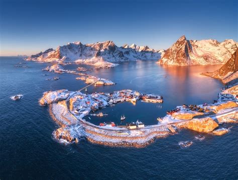 Premium Photo Aerial View Of Reine And Hamnoy At Sunset In Winter
