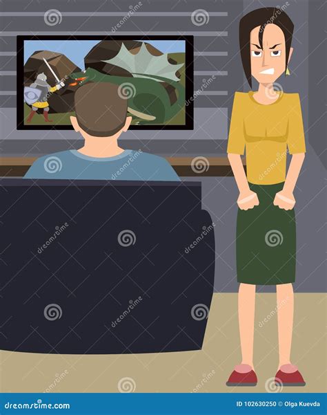 Illustration Of Angry Wife And Husband Addicted To Video Games Stock