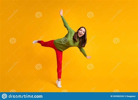 Full Length Body Size View Of Nice Overjoyed Cheerful Girl Jumping Having Fun Isolated On Bright