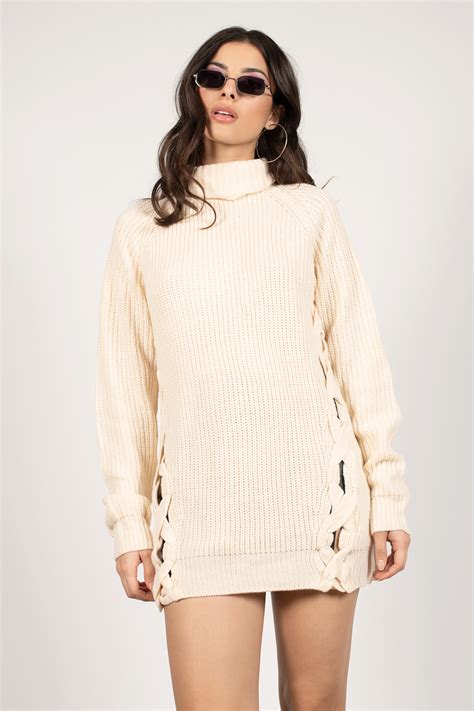 need you lace up turtle neck sweater in cream 25 tobi us
