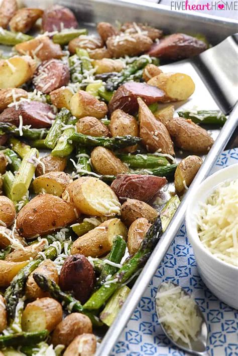 Bake 20 minutes in the preheated oven. Cheesy Garlic Roasted Potatoes & Asparagus