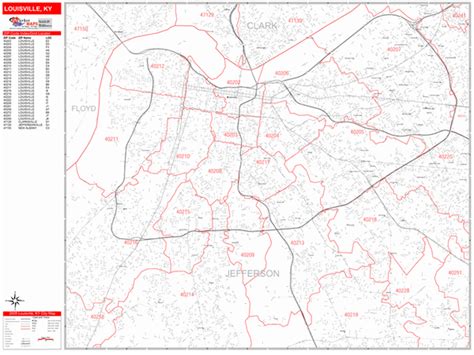 Louisville Kentucky Zip Code Wall Map Red Line Style By Marketmaps