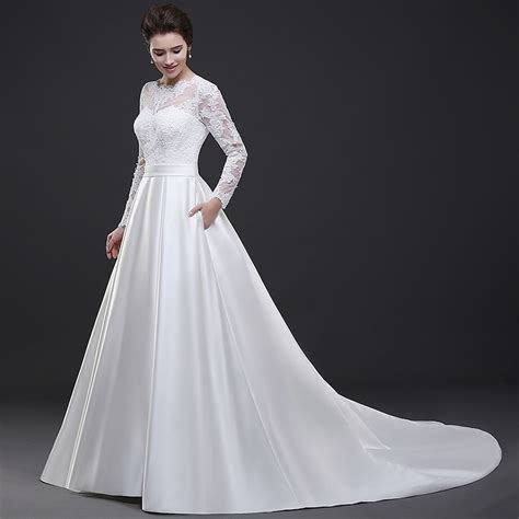 Buy White Lace Long Sleeves Wedding Dress Satin Skirt