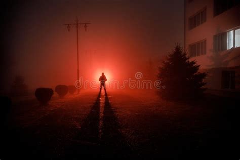 City At Night In Dense Fog Mystical Landscape Surreal Lights With