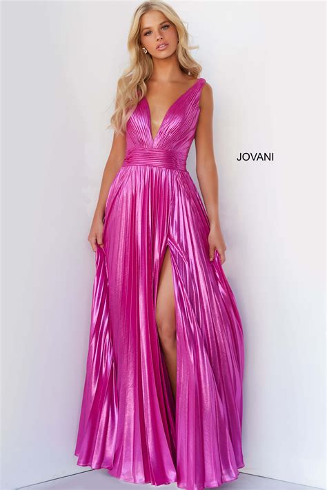 Jovani 06220 Hot Pink Plunging Neckline Metallic Prom Gown