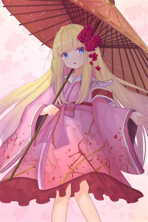 Download Wallpaper 800x1200 Girl Kimono Umbrella Anime Art Pink