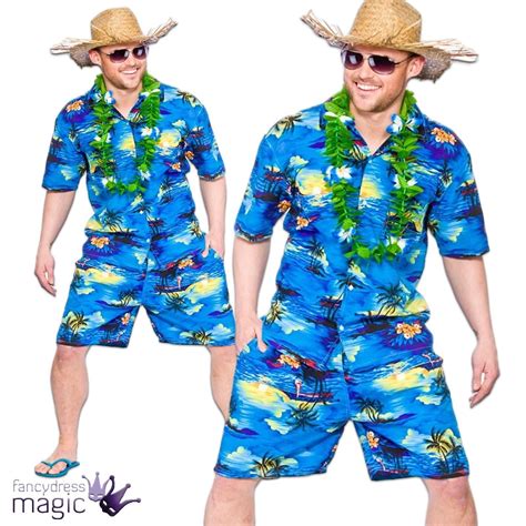 Hawaiian Party Guy Fancy Dress Costume Shirt Shorts Straw Hat Mens Luau