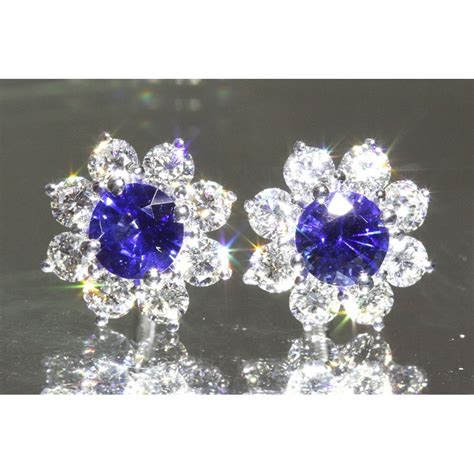 2 25 CTW Royal Blue Sapphire Diamond Floral Stud Earrings 14K White