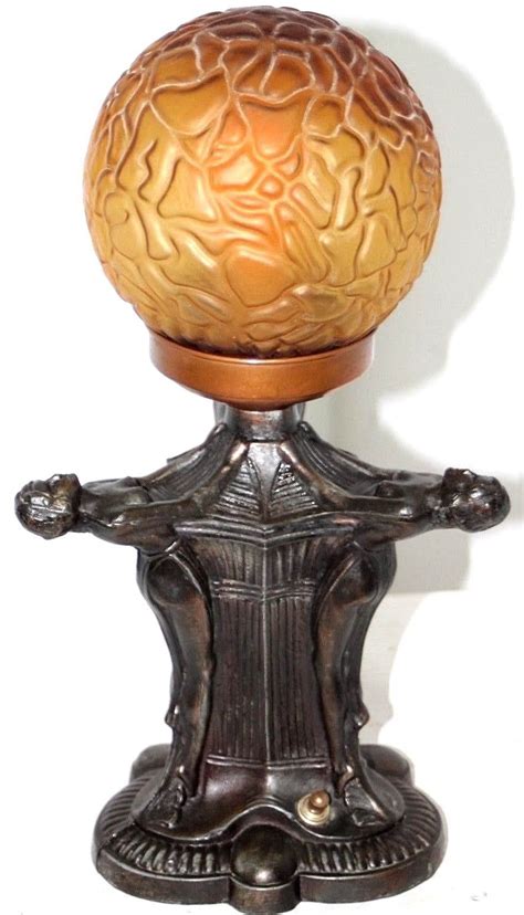 Antique Art Deco Figural Nude Table Lamp W Amber Brain Globe Nude