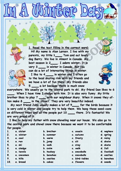 In A Winter Day Esl Worksheet By Tmk939