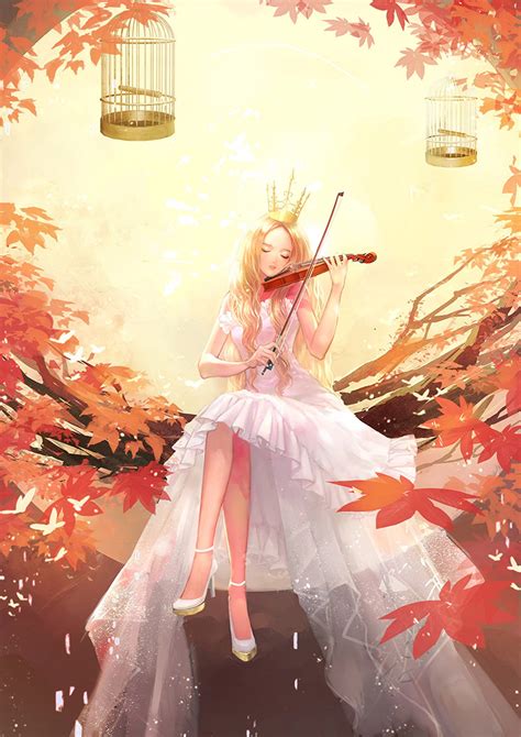 Original Anime Girl Violin Music Tree Autumn Dress Long Hair Princess