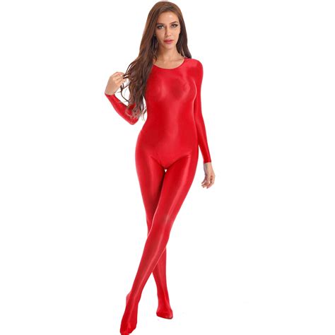 Womens Solid Color Smooth Long Sleeve Bodystocking Nightwear Solid