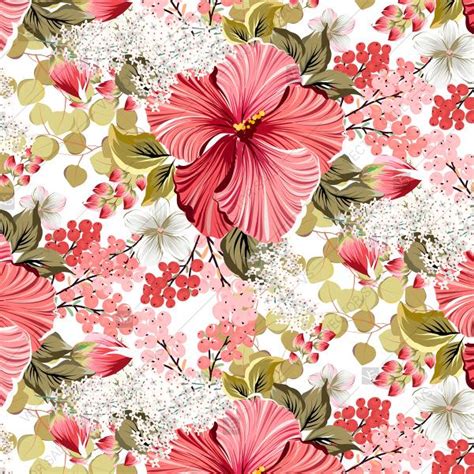 Seamless Hibiscus Floral Pattern Vector Background Of