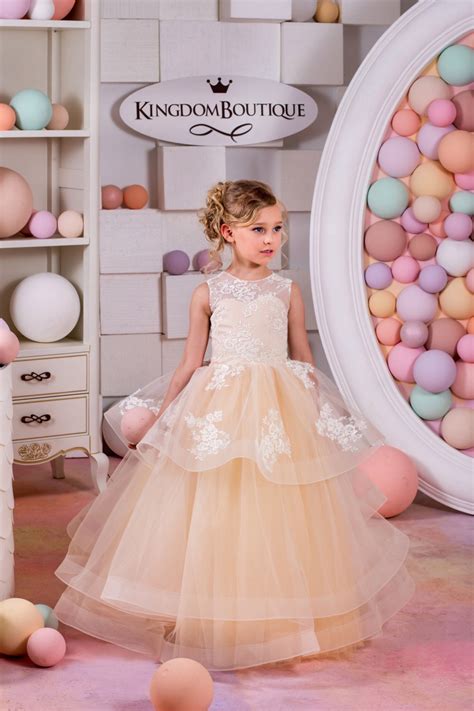 lovely lace applique tulle ruffles scoop ball gown layers custom made flower girl s dresses for