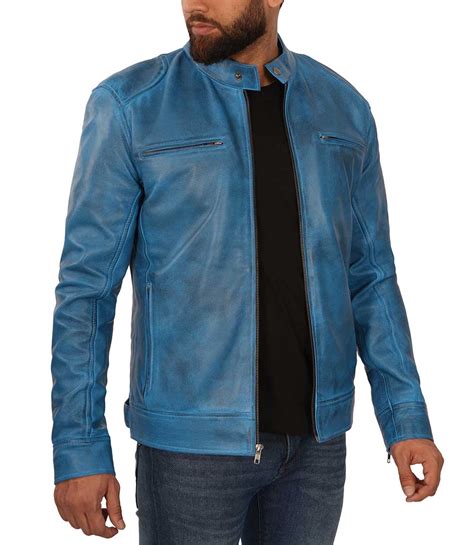 Mens Sky Blue Motorcycle Leather Jacket Lambskin Leather Jacket