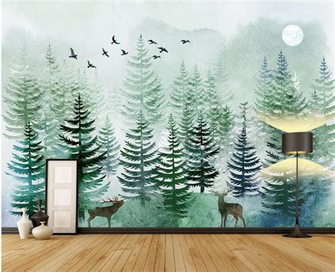 Abstract Pine Trees Wallpaper Wall Mural Green Pine Trees Etsy