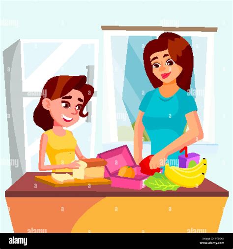 daughter helps her mother cooking together in the kitchen vector isolated illustration stock
