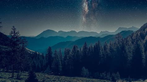 Starry Sky Landscape Night Mountains Forest