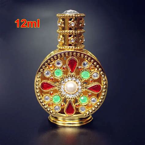1pc 12ml Antiqued Metal Perfume Bottle Arab Style Essential Oils Bottle With Glass Dropper Gold