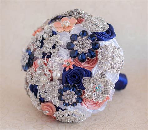Brooch Bouquet White Navy Blue Coral And Silver Wedding