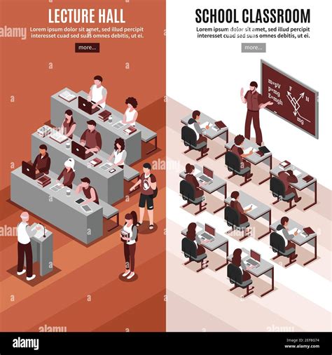 High School 2 Vertical Isometric Banners Set With Lesson In Classroom