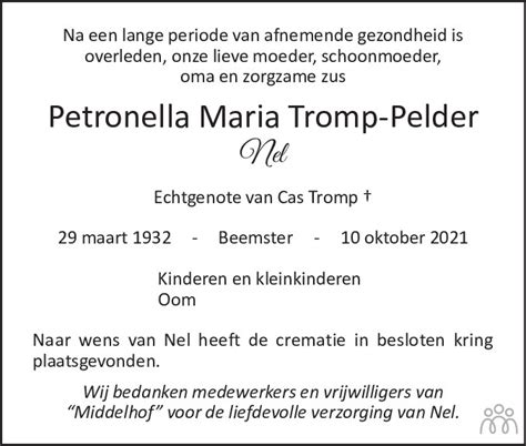 Petronella Maria Nel Tromp Pelder 10 10 2021 Overlijdensbericht En