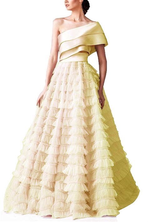 Mauwey Womens One Shoulder Prom Dresses Layered Tulle Sexy Open Back Satin Ruffle Long Evening