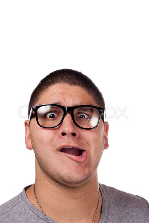 A Goofy Man Wearing Trendy Nerd Glasses Isolated Over White With A