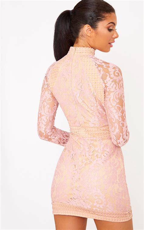 Dusty Pink Lace High Neck Bodycon Dress Prettylittlething Usa