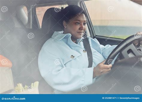 Smiling Woman Driving Car Stock Image Image Of Overweight 252881471