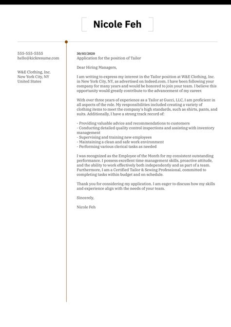 Tailor Cover Letter Sample | Kickresume