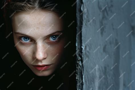 Premium Ai Image A Woman With Freckles Peeking Out From Behind A Door